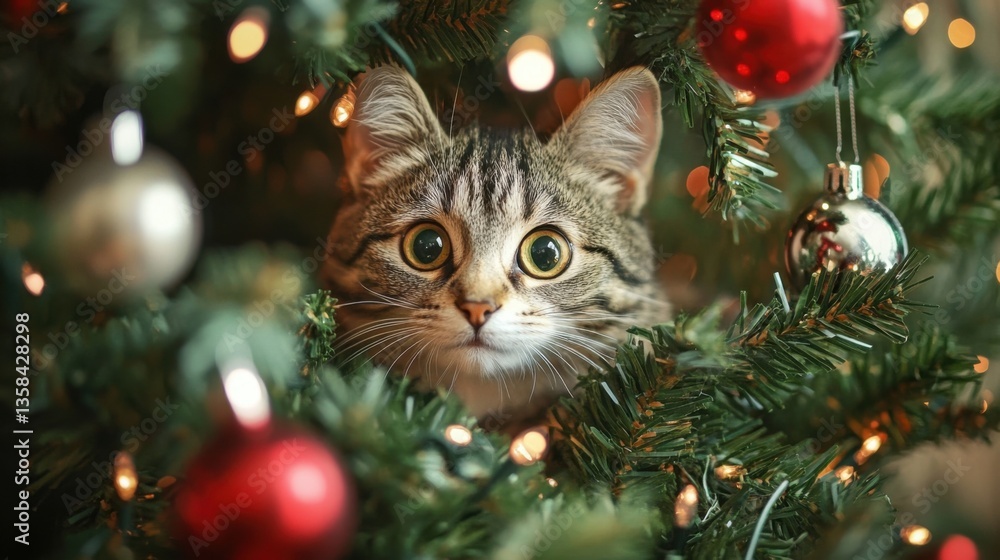 A curious cat peeks from a Christmas tree. A curious cat peeks from a Christmas tree.