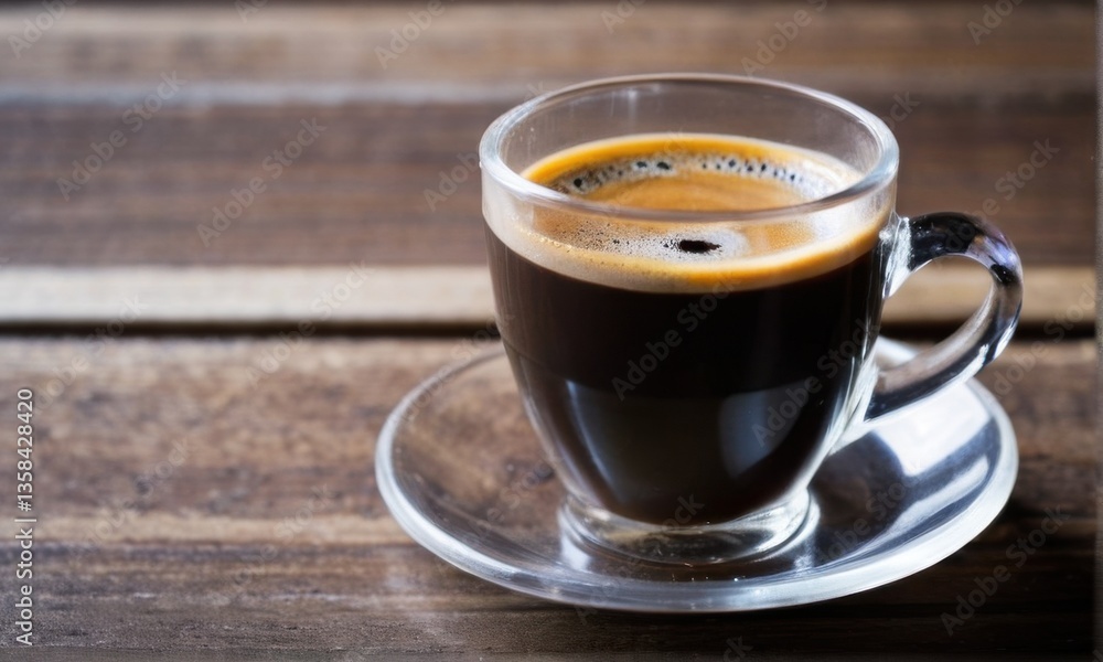 Fototapeta premium Dark Espresso in Clear Glass Cup on Dark Wood