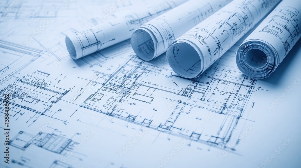 Architectural and engineering blueprints plans and technical diagrams drawn on paper with geometric patterns and blue toned color scheme Conceptual background for design construction development Architectural and engineering blueprints plans and technical diagrams drawn on paper with geometric patterns and blue toned color scheme Conceptual background for design construction development