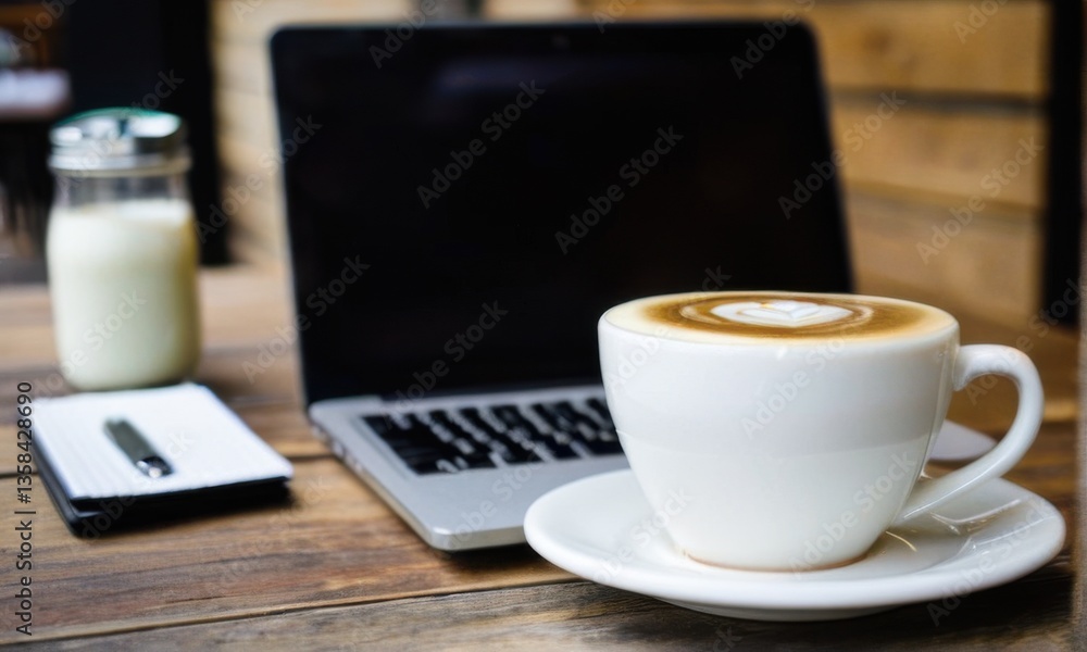Latte with Laptop on Wooden Table in a Cafe Latte with Laptop on Wooden Table in a Cafe