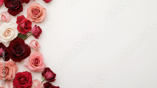 Beautiful roses various shades of red, pink, and white are arranged elegantly light background, creating romantic and serene atmosphere. This floral display is perfect for celebrations or special