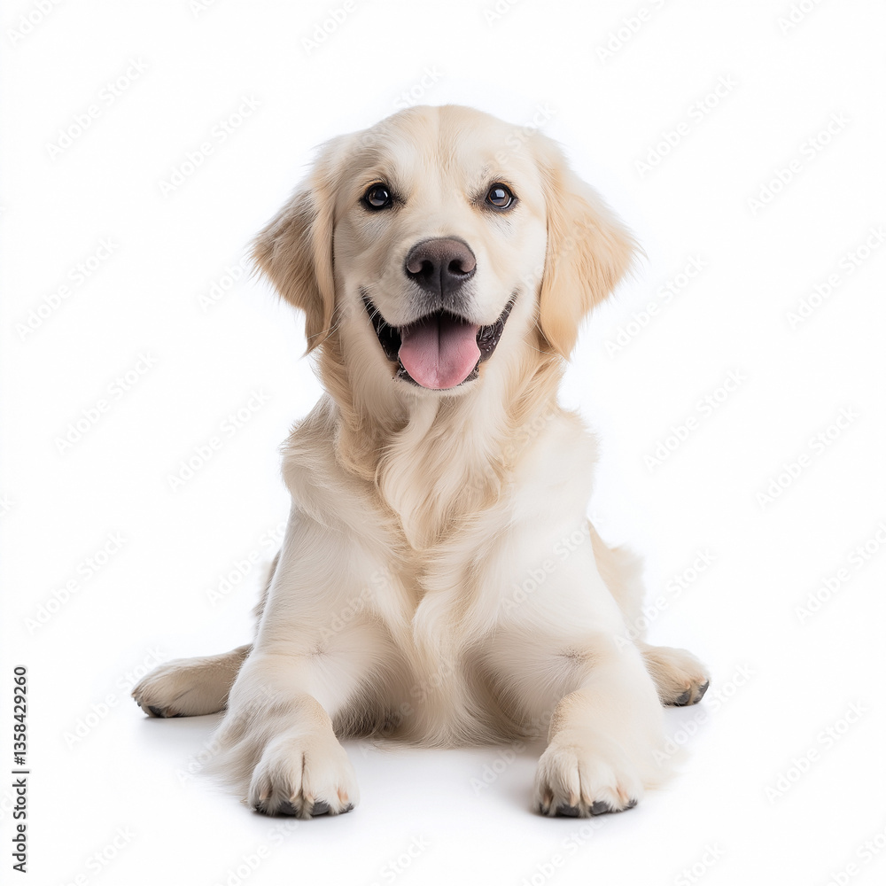 Golden retriever puppy lies on white background displaying a cheerful expression and playful demeanor while relaxing Golden retriever puppy lies on white background displaying a cheerful expression and playful demeanor while relaxing