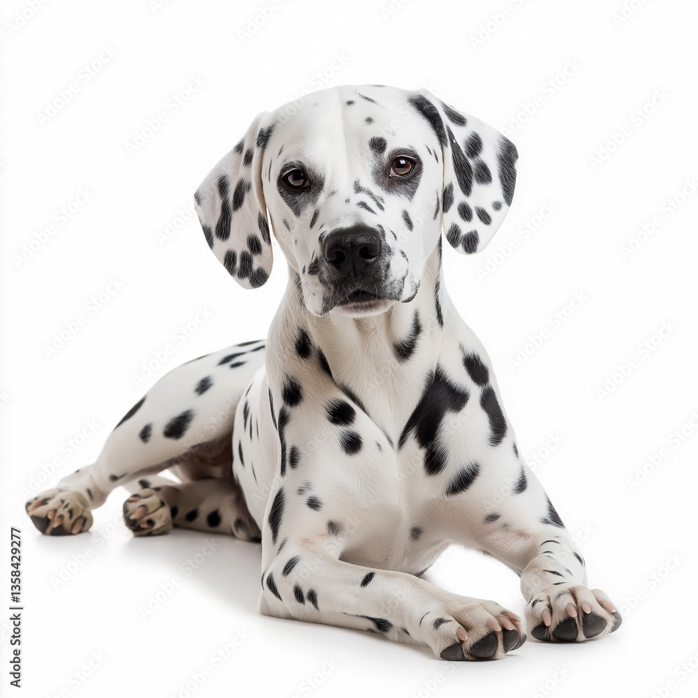 Dalmatian dog lying down on a white background, showcasing unique spotted coat and calm demeanor Dalmatian dog lying down on a white background, showcasing unique spotted coat and calm demeanor