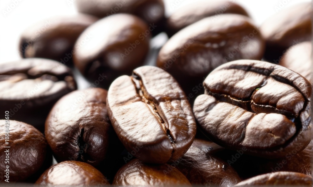 Naklejka premium Close up of Dark Brown Roasted Coffee Beans, Rich Texture and Subtle Shine