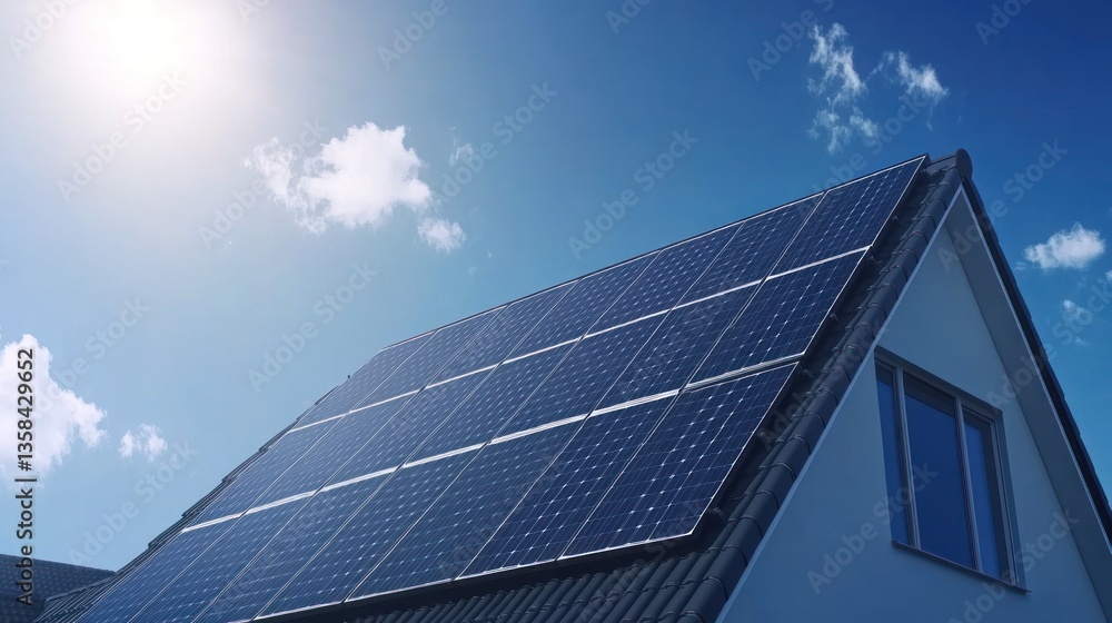 Fototapeta premium Solar Panels on a House Roof under a Sunny Sky