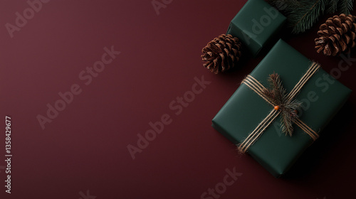Beautifully wrapped green gifts with pinecones and evergreens on burgundy background for holiday celebrations