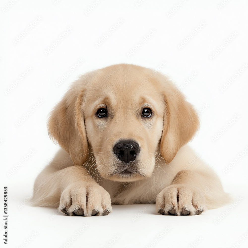Golden retriever puppy resting calmly with attentive expression and soft fur on a plain background Golden retriever puppy resting calmly with attentive expression and soft fur on a plain background