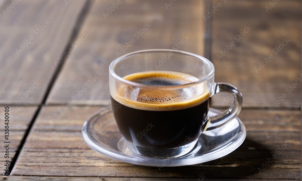 Dark Espresso in Clear Glass Cup on Rustic Wooden Table Dark Espresso in Clear Glass Cup on Rustic Wooden Table