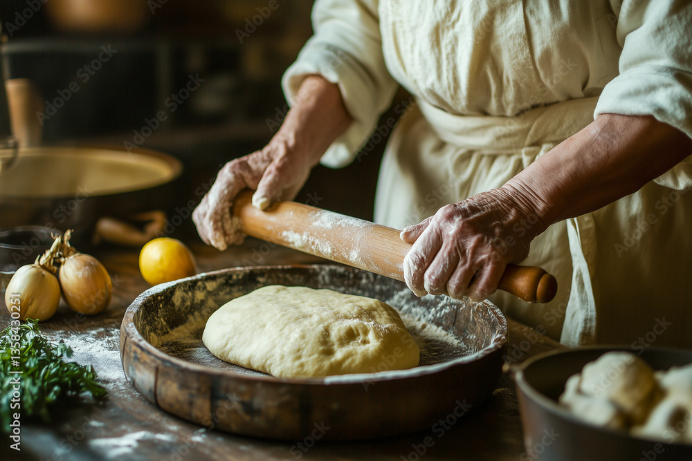 A woman is making dough on a wooden table A woman is making dough on a wooden table