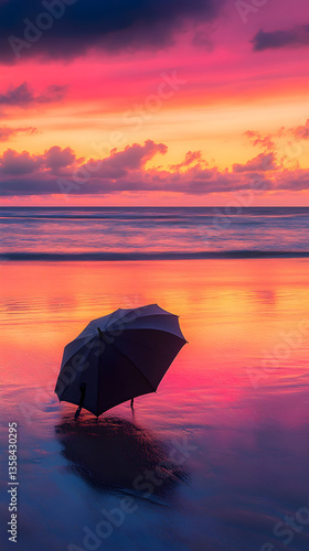 Solitary Umbrella at Sunset: A Serene Beach Reflection Amidst Kaleidoscopic Skies and Whispering Tides