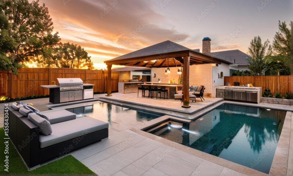 Fototapeta premium Luxury Backyard Oasis with Infinity Pool and Outdoor Kitchen at Sunset