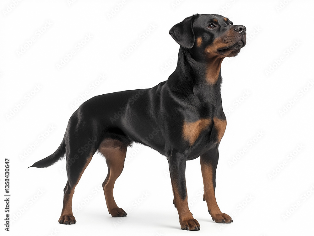 Rottweiler standing confidently on a white background, showcasing breed characteristics and playful demeanor Rottweiler standing confidently on a white background, showcasing breed characteristics and playful demeanor