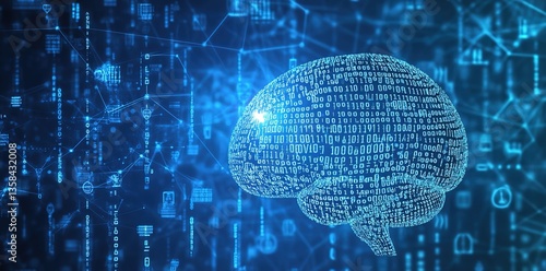 Futuristic AI Concept: A Digital Brain Amidst Flowing Binary Code on a Blue Background