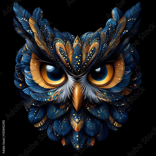 An artistic depiction of an owl with beautiful decorative feathers