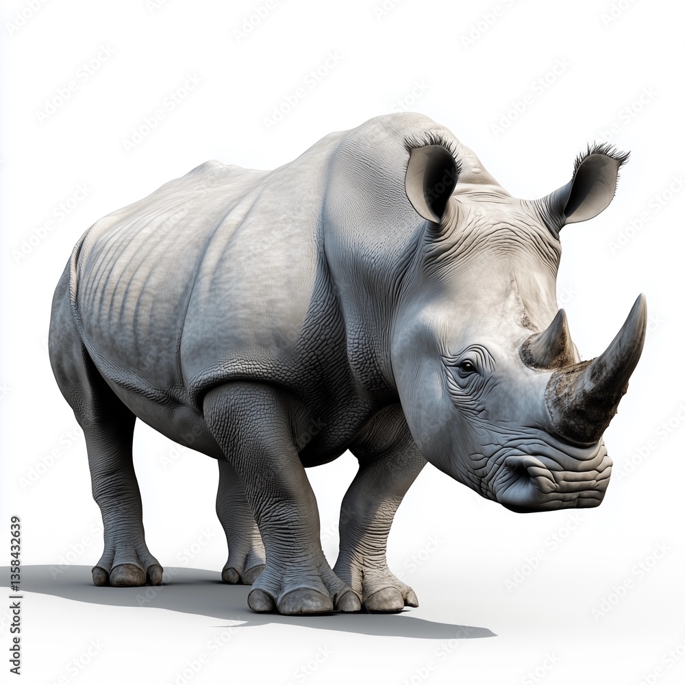 Fototapeta premium A full-body, eye-level studio shot of a white rhinoceros against a plain white background. The image features a high level of detail, showcasing the rhino's thick, grey hide, prominent horn, and
