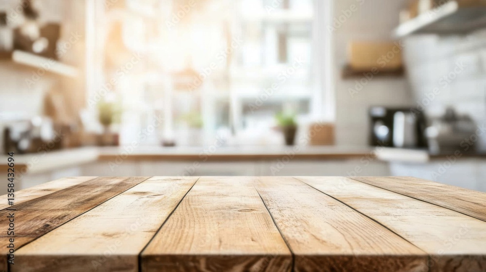 Wooden Tabletop in Bright Kitchen. Wooden Tabletop in Bright Kitchen.