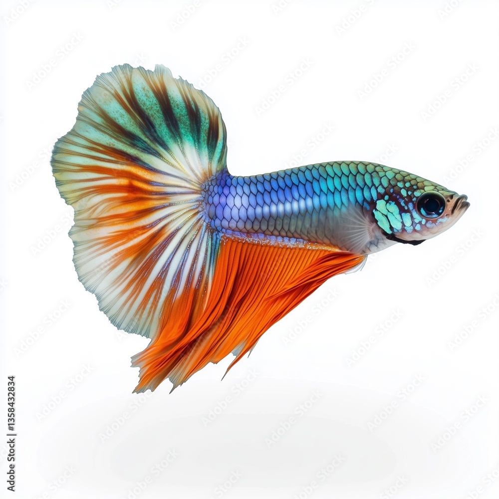 Close-up studio shot of a Betta splendens, also known as a Siamese fighting fish, against a pure white background. The image showcases the fish's vibrant coloration; a predominantly orange tail with Close-up studio shot of a Betta splendens, also known as a Siamese fighting fish, against a pure white background. The image showcases the fish's vibrant coloration; a predominantly orange tail with