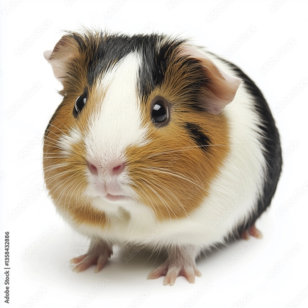 Close-up studio shot of a tri-color guinea pig against a pure white background. The guinea pig displays a predominantly white coat with patches of brown and black fur. Its fur appears soft and Close-up studio shot of a tri-color guinea pig against a pure white background. The guinea pig displays a predominantly white coat with patches of brown and black fur. Its fur appears soft and