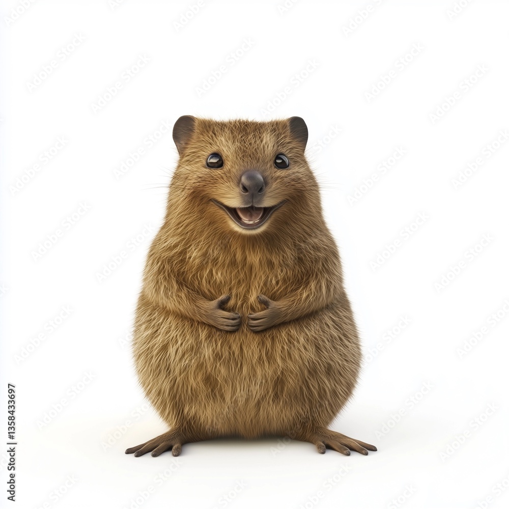 Obraz premium A close-up studio shot of a quokka against a pure white background. The image showcases the animal's detailed, fluffy brown fur, with a prominent focus on its expressive face. The quokka is depicted