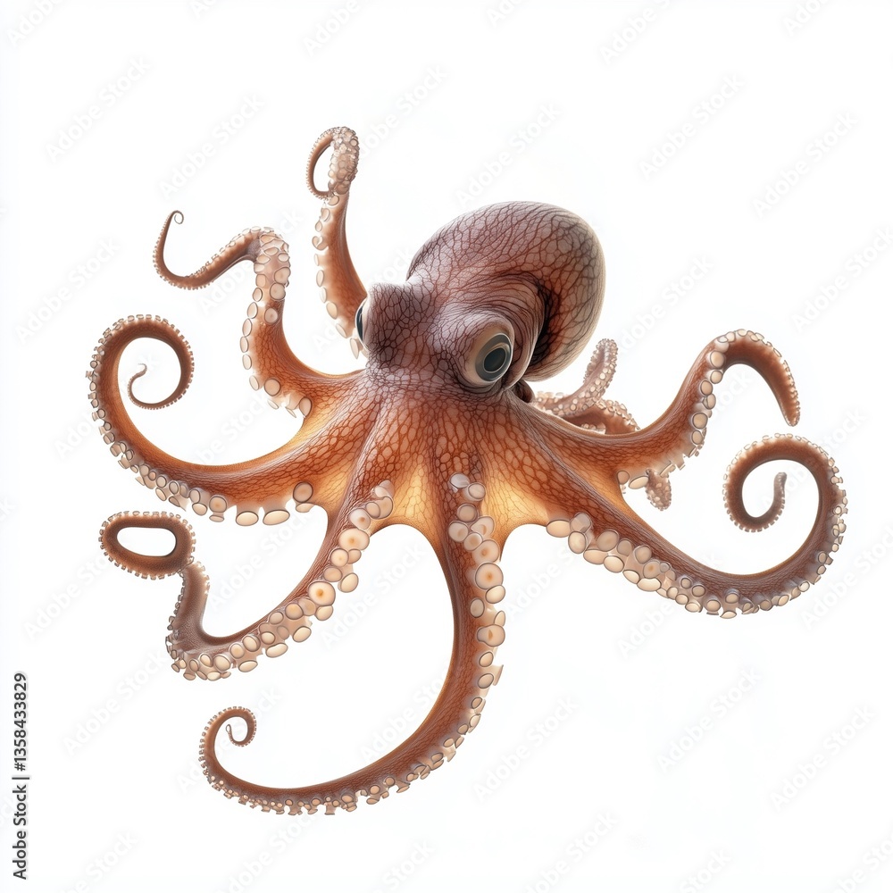 Obraz premium The image showcases a detailed close-up of an octopus against a pure white background. The octopus is centrally positioned, its eight arms gracefully outstretched, revealing intricate details of its