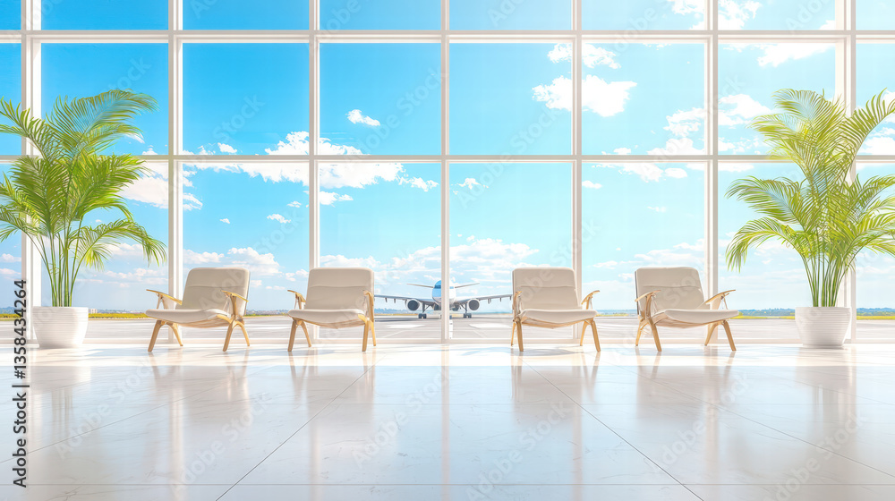 Fototapeta premium serene airport lounge featuring modern chairs and large windows, allowing natural light to flood space. view includes airplane on runway, creating sense of luxury and travel anticipation