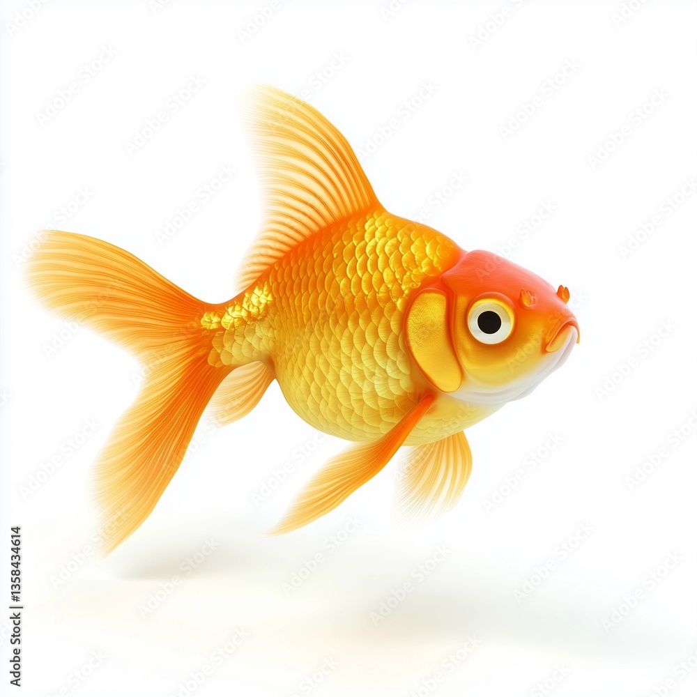 Fototapeta premium A detailed close-up studio shot of a single goldfish against a pure white background. The fish displays a vibrant orange hue with subtle yellow undertones and a reddish cap on its head. The scales
