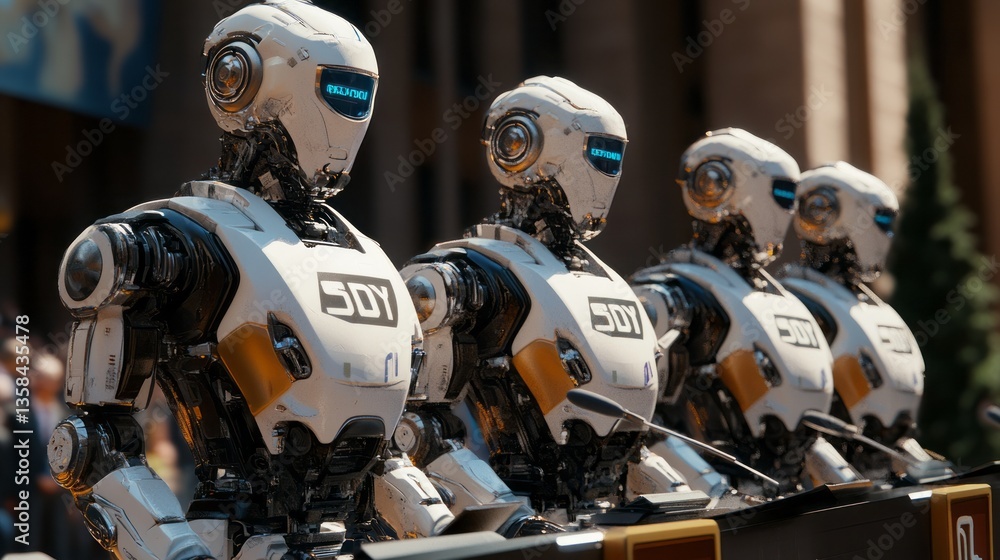 Fototapeta premium A row of white and black robots stand at podiums