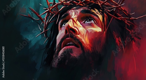 Jesus Christ wearing crown of thorns Passion and Resurection. Easter card, Good Friday. Generative AI