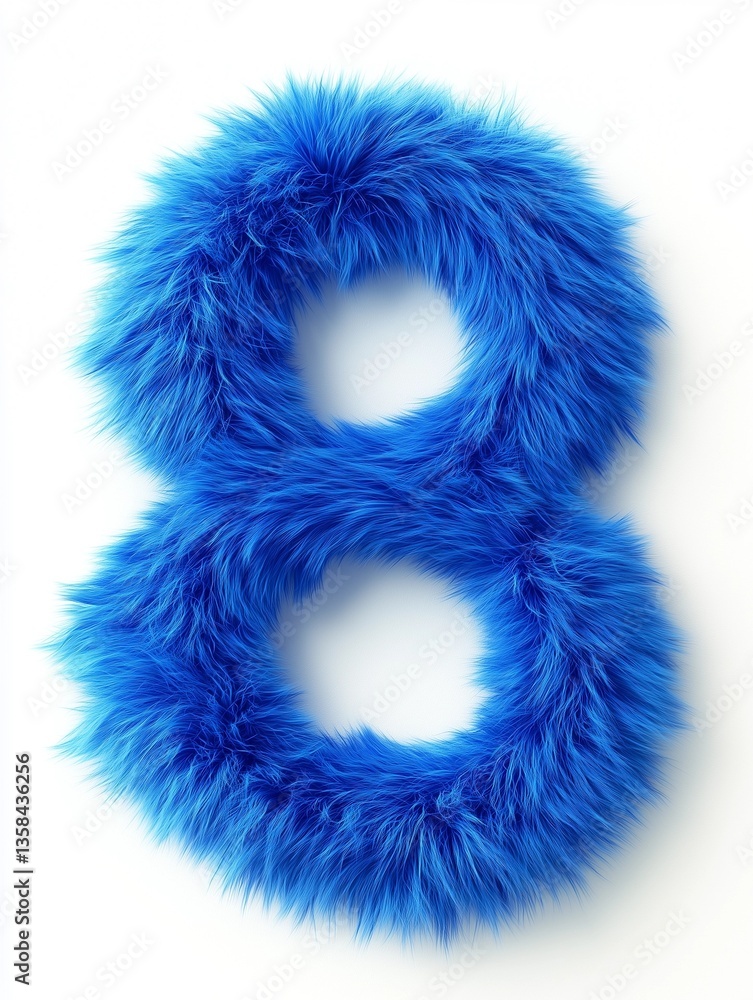 Close-up shot of the number eight (8) formed from bright blue, fluffy material resembling fur. The texture is highly detailed, showing individual strands. The background is pure white, providing high Close-up shot of the number eight (8) formed from bright blue, fluffy material resembling fur. The texture is highly detailed, showing individual strands. The background is pure white, providing high