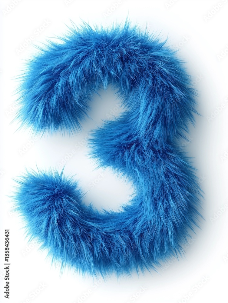 High-resolution close-up image of the number three rendered in a bright, cyan-blue, fluffy texture that resembles fur. The texture is highly detailed, showing individual strands of fur. The High-resolution close-up image of the number three rendered in a bright, cyan-blue, fluffy texture that resembles fur. The texture is highly detailed, showing individual strands of fur. The