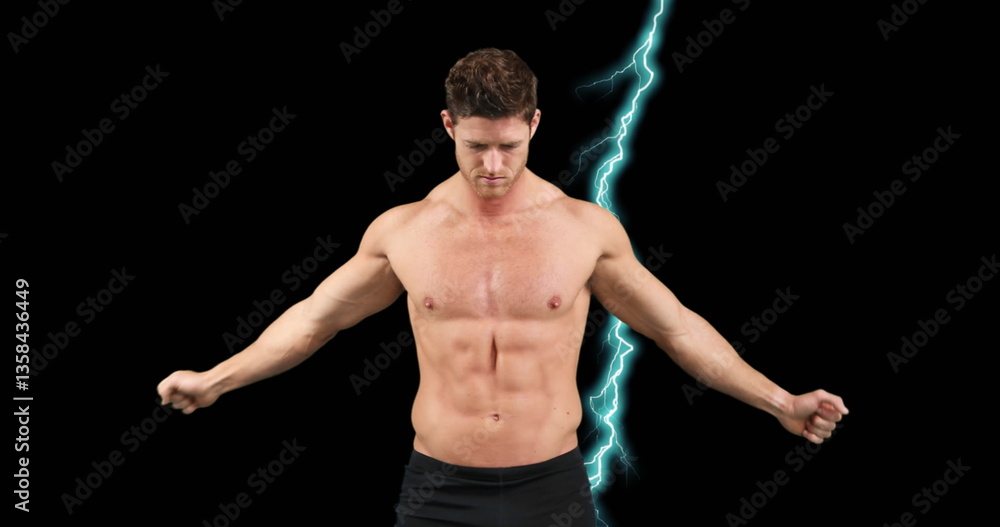 Obraz premium Muscular man flexing shirtless with lightning effect in background, looking powerful