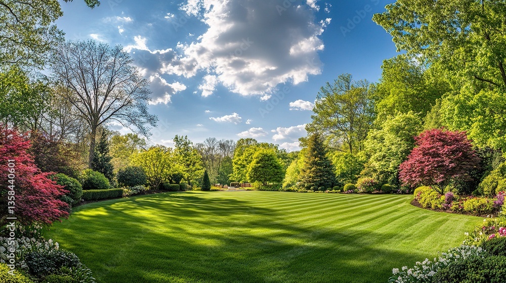 Vibrant Spring Nature Scene with Neatly Trimmed Lawn and Greenery Vibrant Spring Nature Scene with Neatly Trimmed Lawn and Greenery