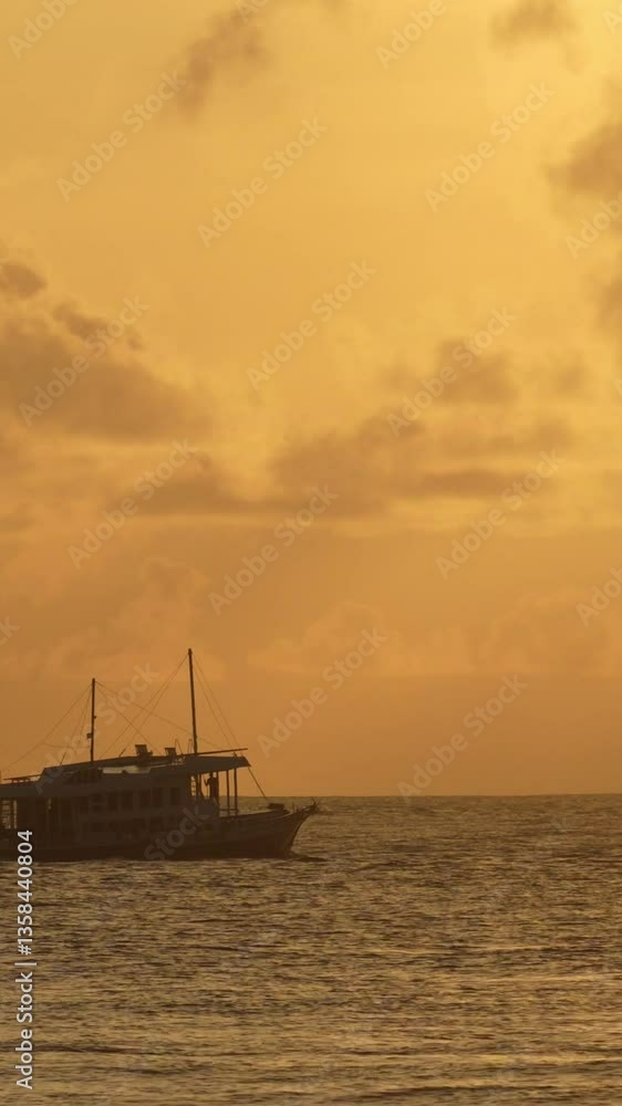 A group of motor yachts and motor boats at a calm sea toward beautiful sunset light at the horizon.The slow-motion video. Maldives. Vertical video A group of motor yachts and motor boats at a calm sea toward beautiful sunset light at the horizon.The slow-motion video. Maldives. Vertical video
