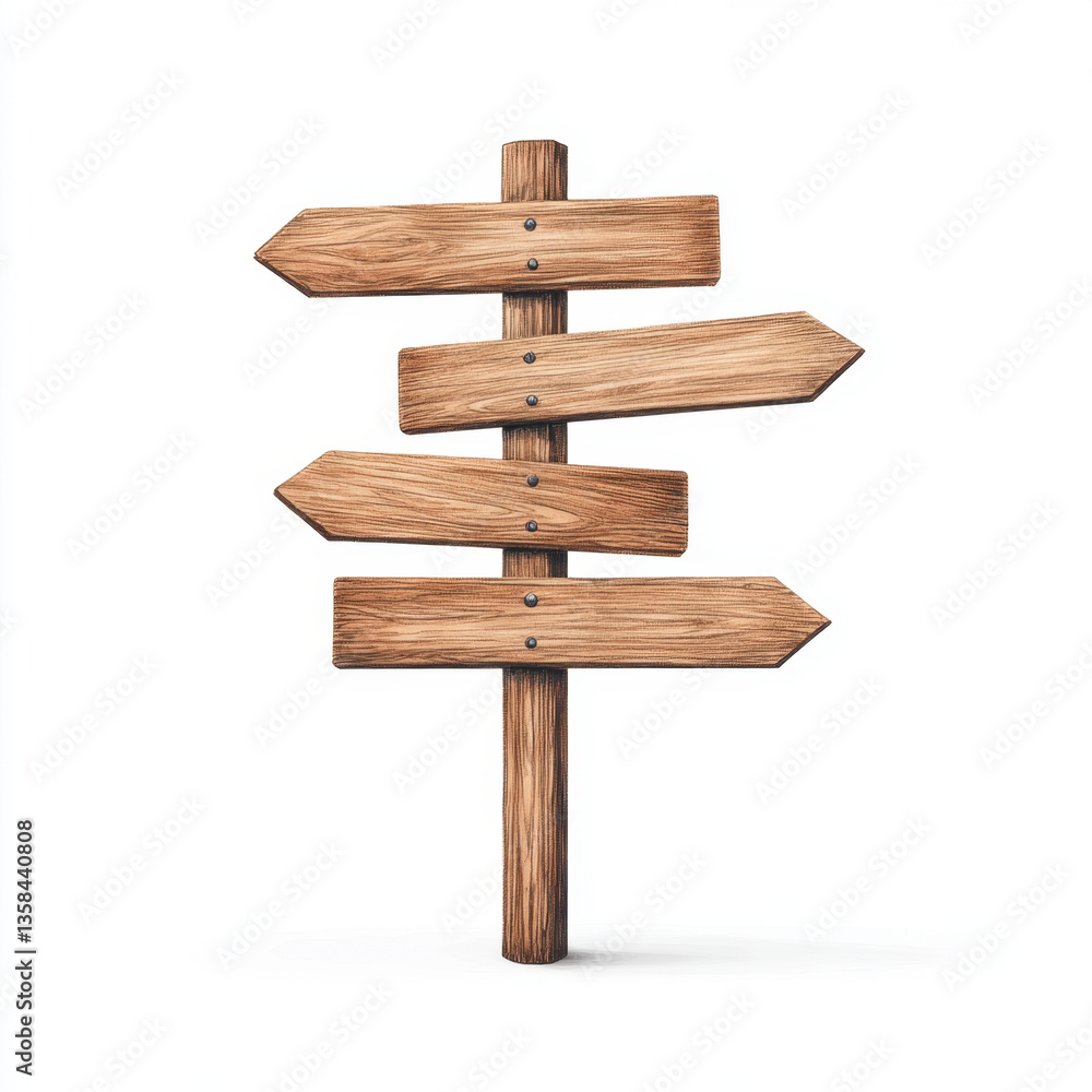 Minimal wooden triple road sign with multiple directional arrows, showcasing rustic design. This sign evokes sense of adventure and exploration, perfect for guiding travelers Minimal wooden triple road sign with multiple directional arrows, showcasing rustic design. This sign evokes sense of adventure and exploration, perfect for guiding travelers