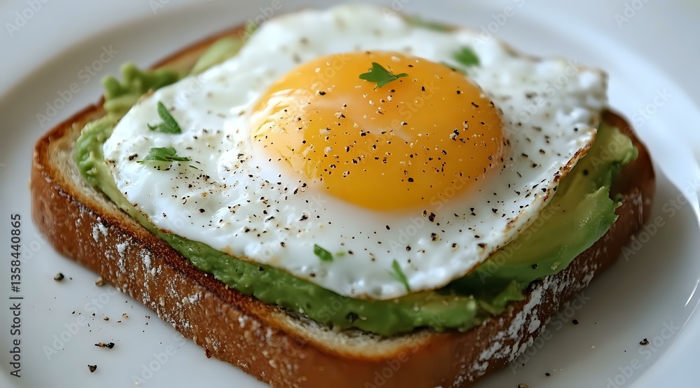 Sunny side up egg on avocado toast with fresh herbs and black pepper seasoning, served on rustic bread. Close up view of breakfast preparation.