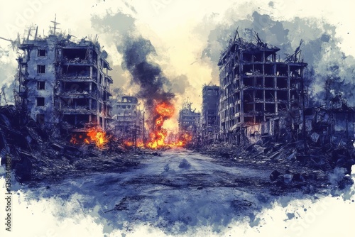 War torn city street engulfed in flames and destruction