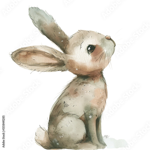  Watercolor style bunny illustration with retro charm and soft wind effect looking skyward in vintage fashion hand painted for kids book decor nursery wall gentle whimsical art
