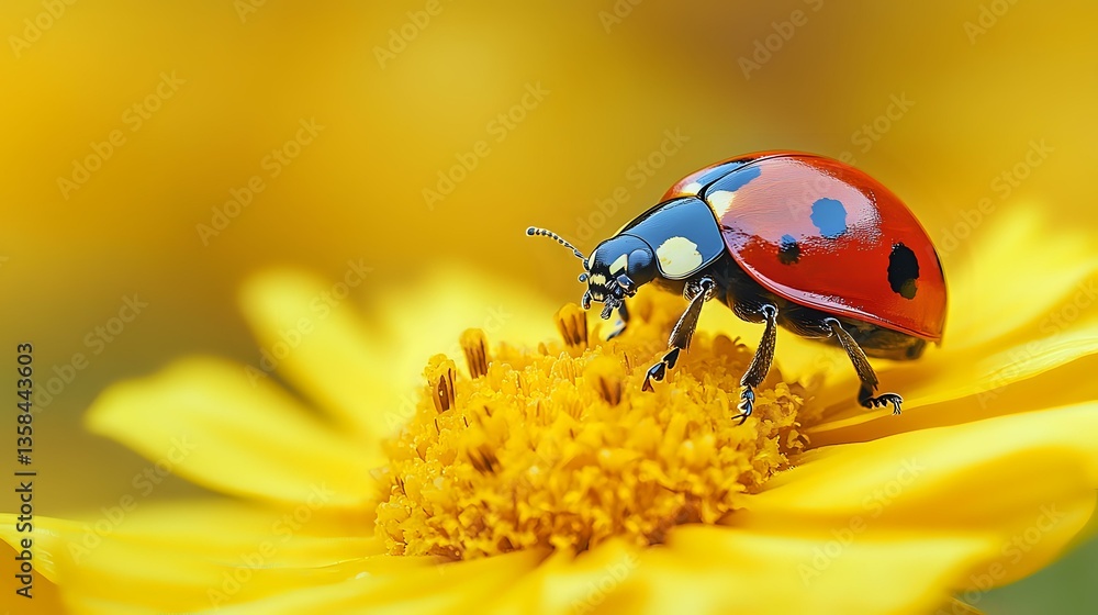 Fototapeta premium Red ladybug with black spots walking on bright yellow daisy flower petals in macro photography, showing detailed insect features against blurred golden background.