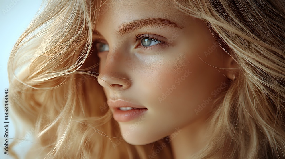 Obraz premium Young Caucasian woman with blonde wavy hair and natural makeup in soft warm lighting, side profile portrait showing flawless skin and serene expression. For beauty and fashion.