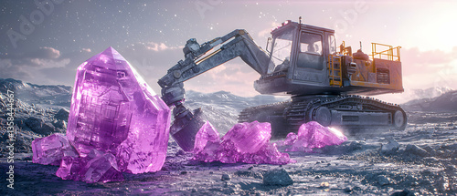 An excavator mines giant purple crystals on a desolate planet under a starry sky. It could be used for a fantasy novel cover or sci-fi game concept art.
