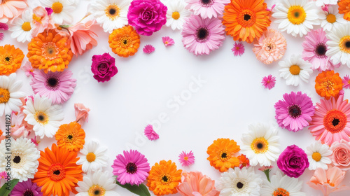 vibrant flat lay of assorted flowers creates cheerful and colorful display, perfect for adding touch of nature beauty to any project or design
