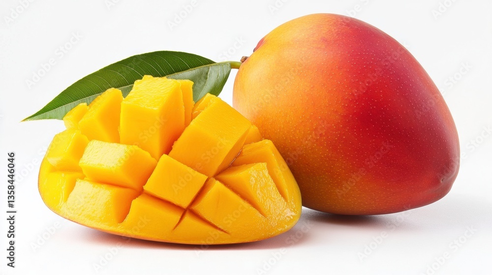 Fresh Mango Slice Displaying Juicy Yellow Flesh and Leafy Accent Fresh Mango Slice Displaying Juicy Yellow Flesh and Leafy Accent