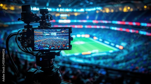 Stadium camera captures thrilling match.  Live broadcast of a sporting event from a high vantage point.  The camera is focused on a packed stadium with cheering fans and the action on the field