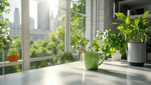 Green mug on kitchen counter, sunlight streaming through window, city view.