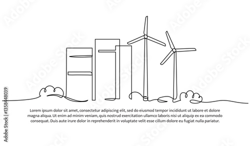 Continuous one line design of eco-friendly building with wind turbines. Minimalist style vector illustration on white background.