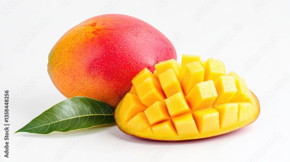 Fresh Mango Fruit with Sliced Segments and Green Leaf Display Fresh Mango Fruit with Sliced Segments and Green Leaf Display