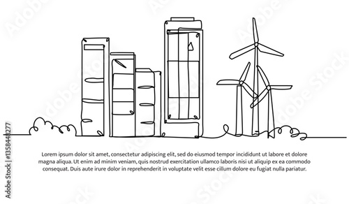 Continuous one line design of urban buildings and wind turbines. Minimalist style vector illustration on white background.