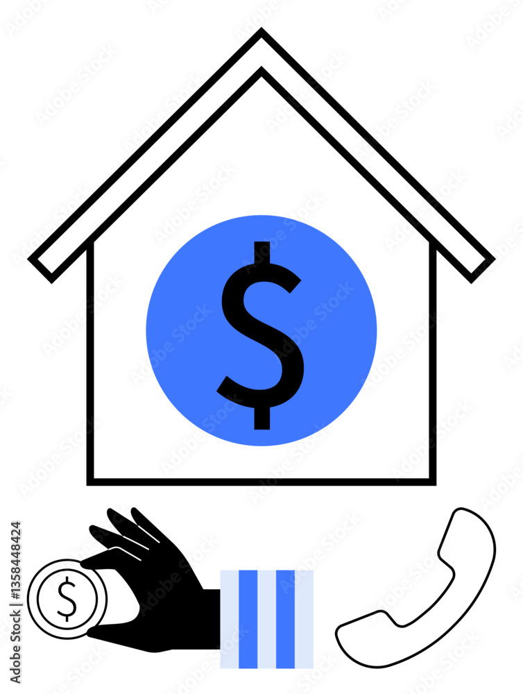Obraz premium Dollar emblem inside house, hand offering coin, and phone conveying finance communication. Ideal for banking, loans, business, customer service, home mortgage, savings advice and finance flat simple