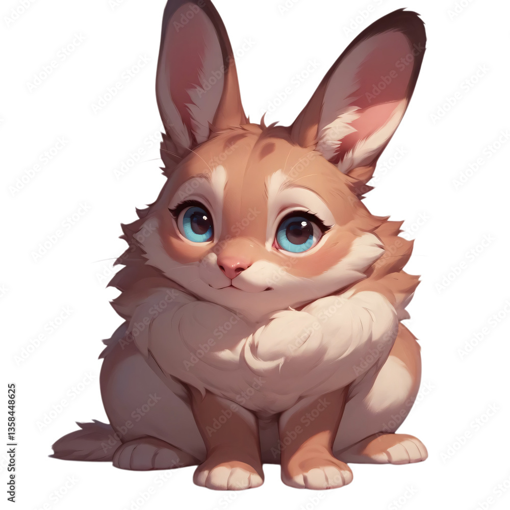 This image showcases a stylized, cartoon-like rabbit with large expressive blue eyes and cute features. This image showcases a stylized, cartoon-like rabbit with large expressive blue eyes and cute features.
