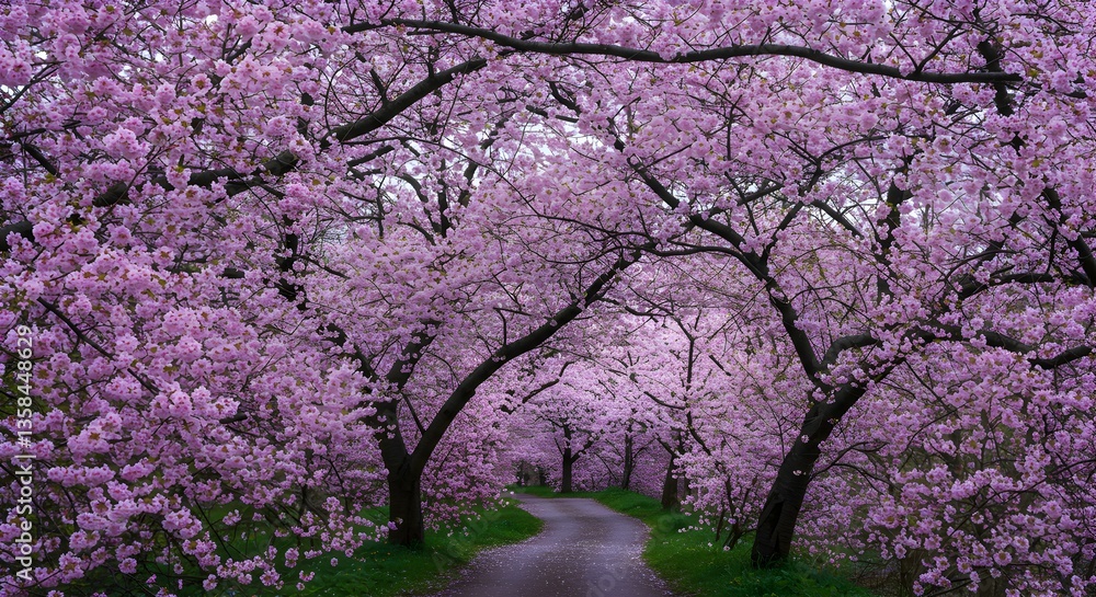 Obraz premium Blooming Cherry Blossom Trees Tunneling Road Scene in Spring Season